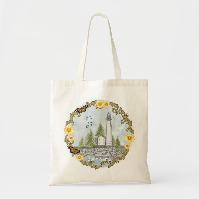 Floral Alabama Lighthouse Tote Bag (Front)