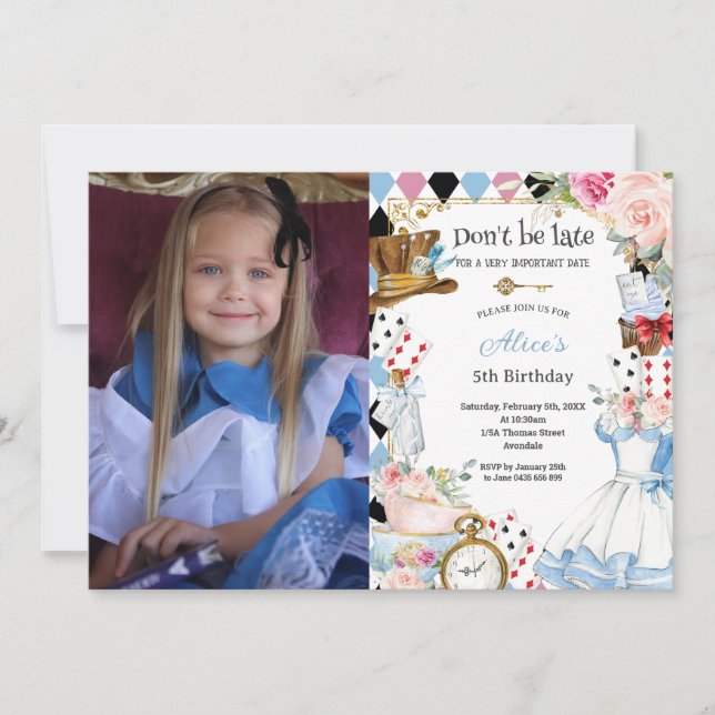 Floral Alice in Wonderland Birthday Tea Party Invitation (Front)