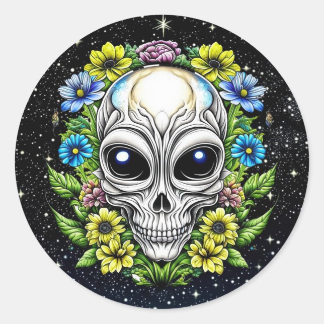Floral Alien Skull Extraterrestrial AI Art Classic Round Sticker (Front)