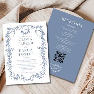 Floral All in One Victorian Blue Wedding Monogram Invitation