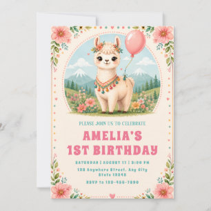 Floral Alpaca First Birthday Invitation