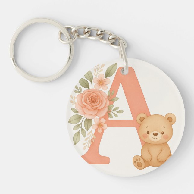 Floral Alphabet A Keychain – Cute Bear  (Front)