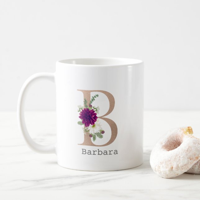 Floral Alphabet custom name letter “ B" Coffee Mug (With Donut)