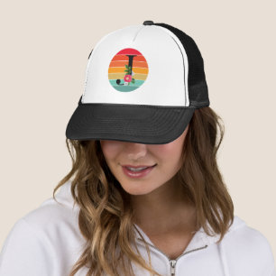 Floral Alphabet J Retro Sunset Monogram Trucker Hat