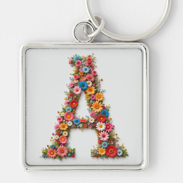 Floral Alphabet Letter A Designed with Colourful B Key Ring (Front)