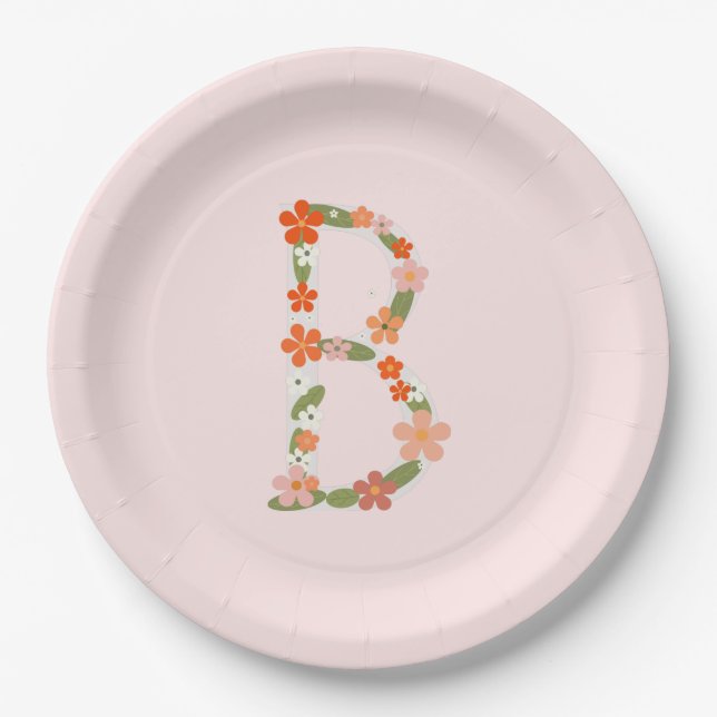Floral Alphabet letter "B" Custom monogram Paper P Plate (Front)