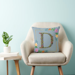 Floral Alphabet Letter D Cushion