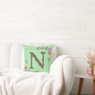 Floral Alphabet Letter N Cushion