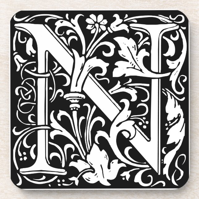Floral Alphabet Monogram Letter N Tile Morris Coaster (Front)
