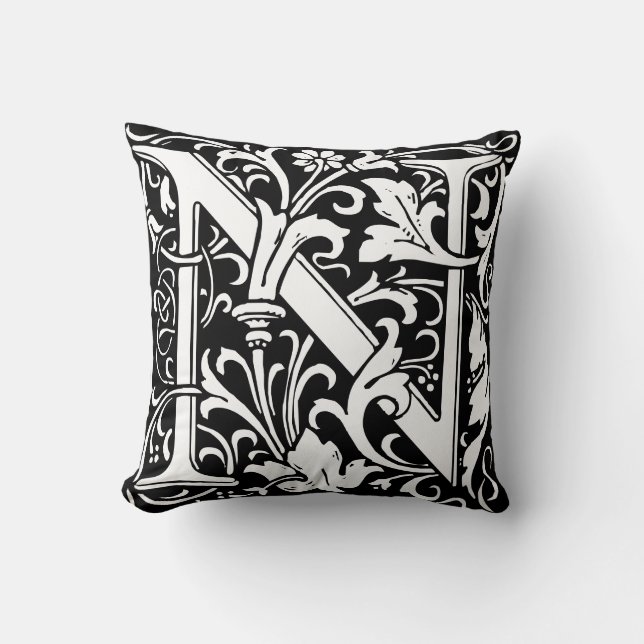 Floral Alphabet Monogram Letter N Tile Morris Cushion (Front)