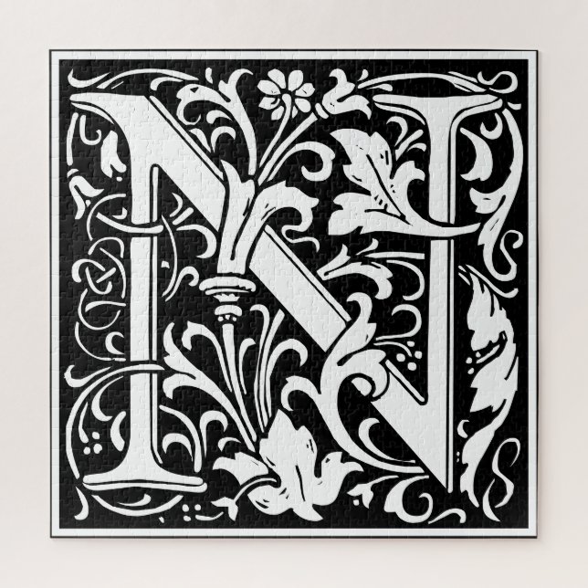 Floral Alphabet Monogram Letter N Tile Morris Jigsaw Puzzle (Vertical)