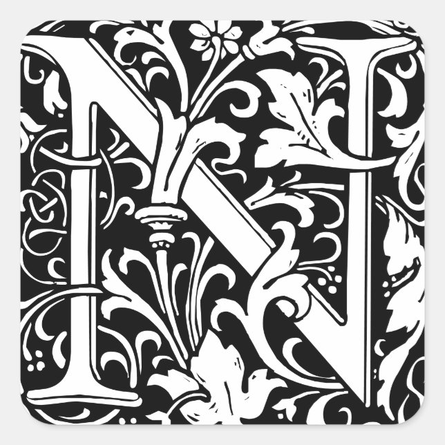 Floral Alphabet Monogram Letter N Tile Morris Square Sticker (Front)