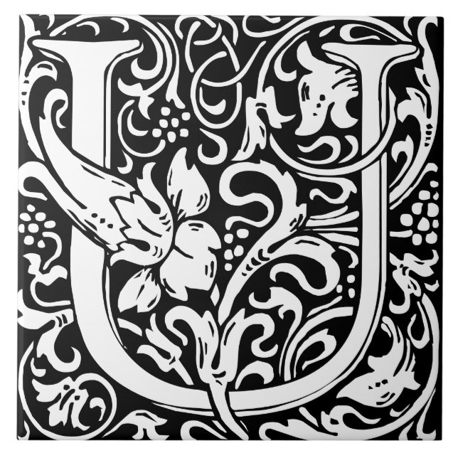 Floral Alphabet Monogram Letter U Tile (Front)