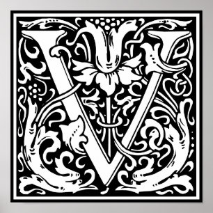 Floral Alphabet Monogram Letter V  Poster