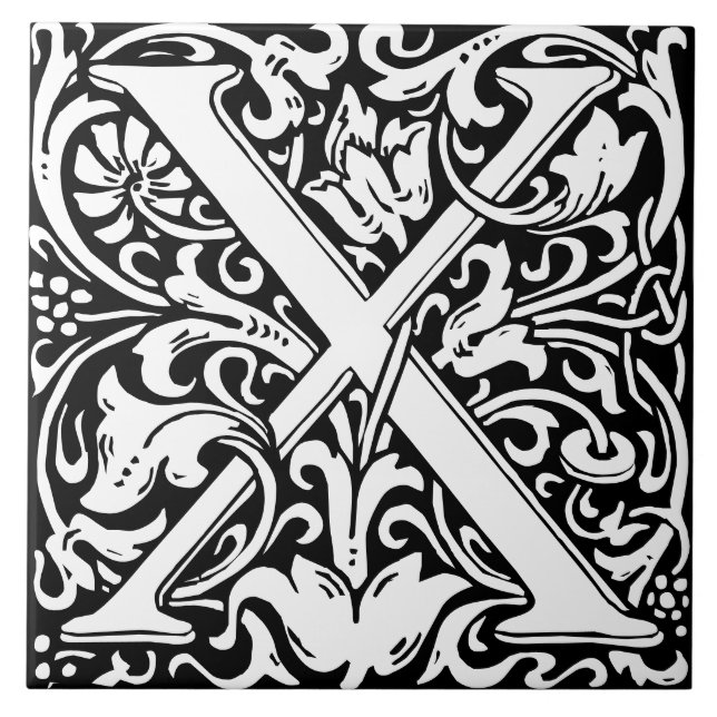 Floral Alphabet Monogram Letter X Tile (Front)