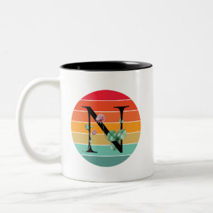 Floral Alphabet N Retro Sunset Monogram Two-Tone Coffee Mug