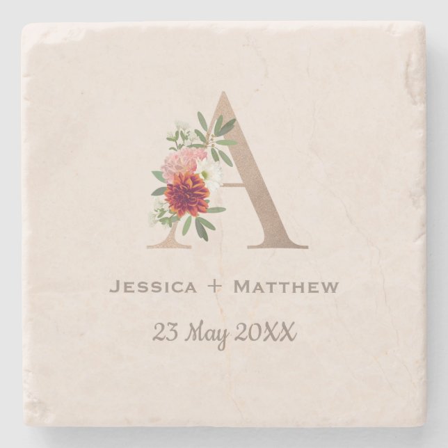 Floral Alphabet Wedding Monogram letter A Stone Coaster (Front)