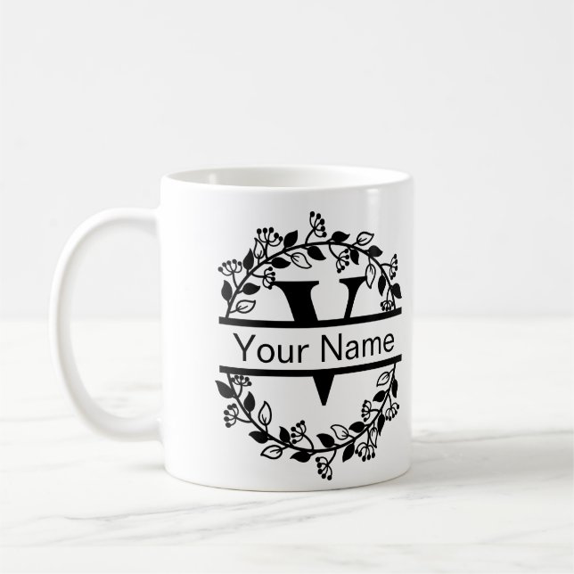 Floral Alphabet with Name Custom Monogram Coffee Mug (Left)