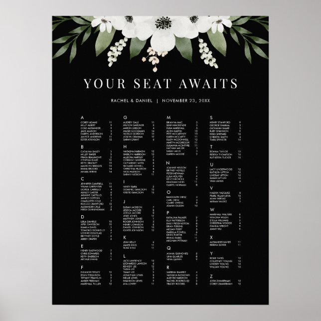 Floral Alphabetical Wedding Seating Chart Sign (Front)