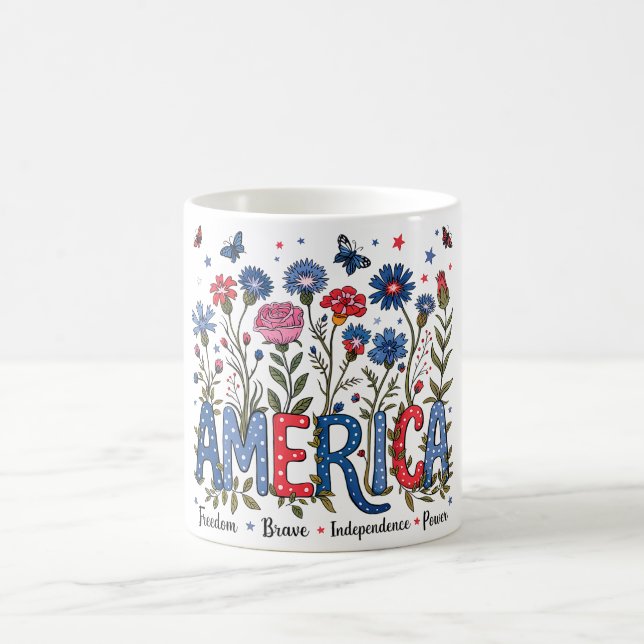 Floral America 4th of July Patriotic Typography Coffee Mug (Center)
