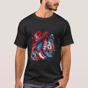 Floral American Flag 4th Of July Patriotic Cowboy  T-Shirt