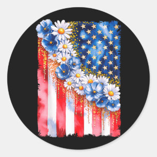 Floral American Flag 4th of July Patriotic Girl Classic Round Sticker