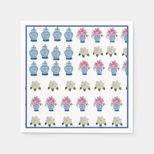 Floral American Flag Ginger Jar Paper Guest Napkin (Front)