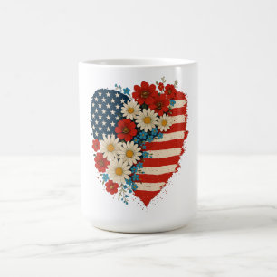 Floral American Flag Heart 4th of July USA Coffee Mug