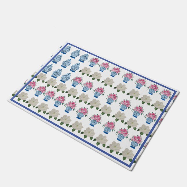 Floral American Flag Rug Flag Ginger Jar Doormat (Angled)