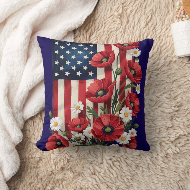 Floral American Flag Throw Pillow (Blanket)