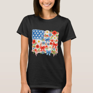 Floral American Flag with Bows 4th of July and T-Shirt