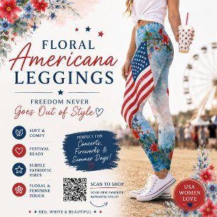 Floral Americana Flag Watercolor Patriotic Garden Leggings