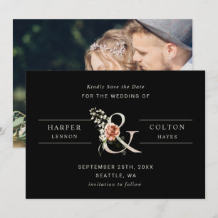 Floral Ampersand Elegant Wedding Black Photo  Save The Date
