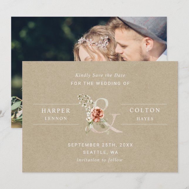 Floral Ampersand Rustic Kraft Wedding Photo Save The Date (Front/Back)