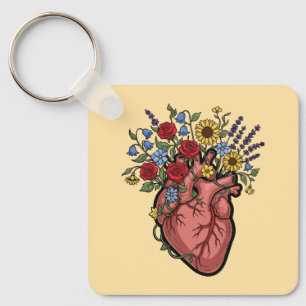 Floral Anatomical Heart Illustration Key Ring
