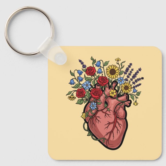 Floral Anatomical Heart Illustration Key Ring (Front)