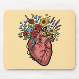 Floral Anatomical Heart Illustration Mouse Pad