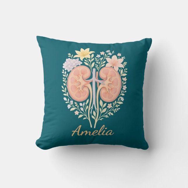 Floral Anatomical Kidney Nephrology Nurse and Tech Cushion (Front)