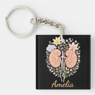 Floral Anatomical Kidney Nephrology Nurse and Tech Key Ring