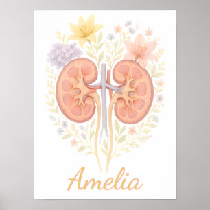 Floral Anatomical Kidney Nephrology Nurse and Tech Poster