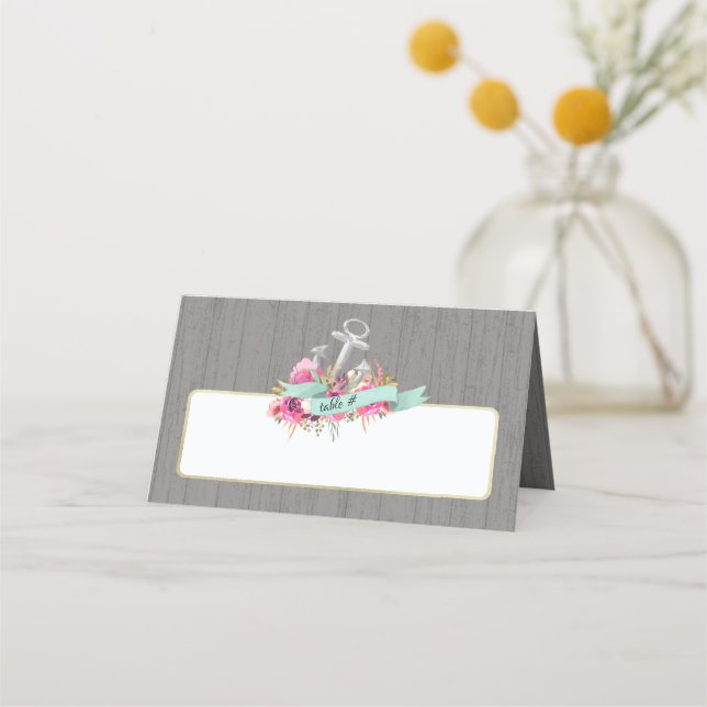Floral Anchor and Shiplap Beach Wedding Place Card (Back)