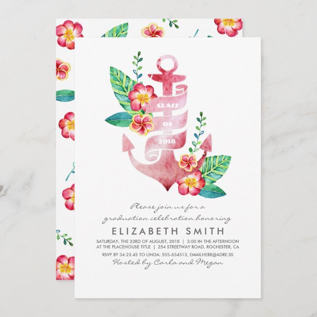 Floral Anchor - Beach Nautical Graduation Invitation (Front/Back)