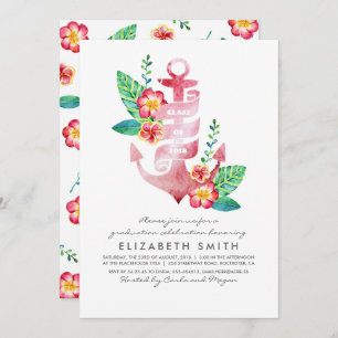 Floral Anchor - Beach Nautical Graduation Invitation