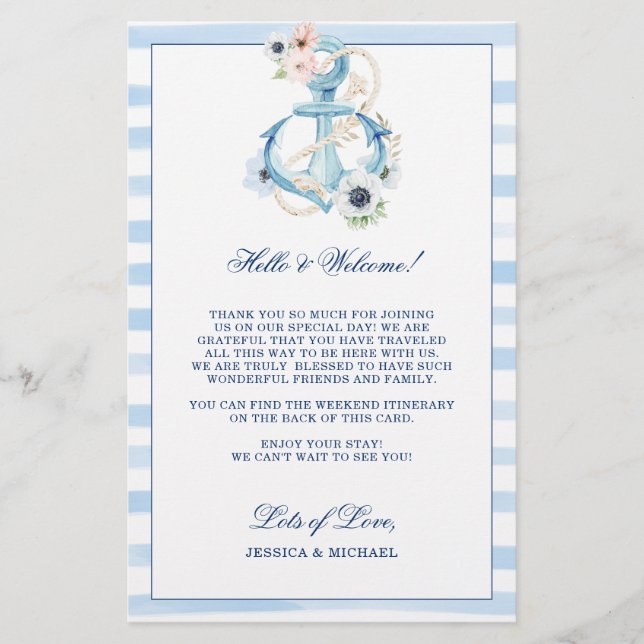Floral Anchor Beach Wedding Welcome Itinerary (Front)