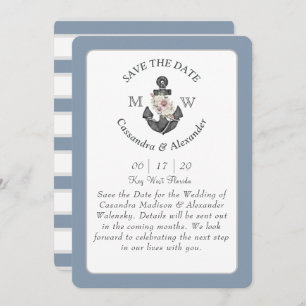 Floral Anchor Dusty Blue White Nautical Wedding Invitation