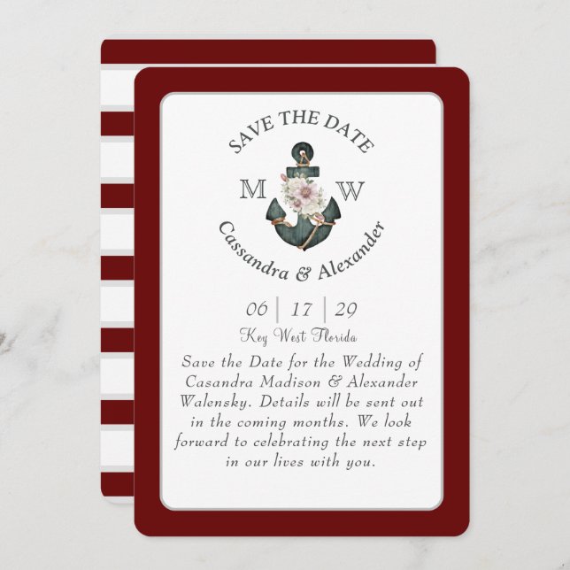Floral Anchor Maroon Rust Red Nautical Wedding  Invitation (Front/Back)
