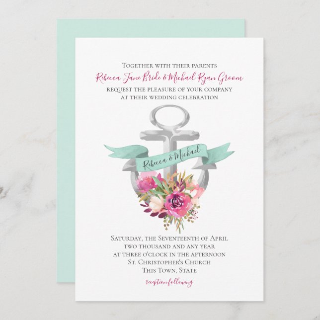 Floral Anchor Nautical Watercolor Wedding Invitation (Front/Back)