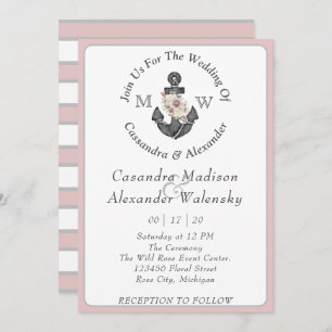Floral Anchor Nautical Wedding Dusty Rose Striped Invitation