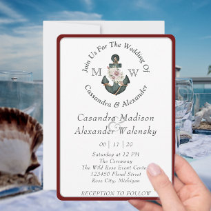 Floral Anchor Nautical Wedding Maroon Red Stripe Invitation