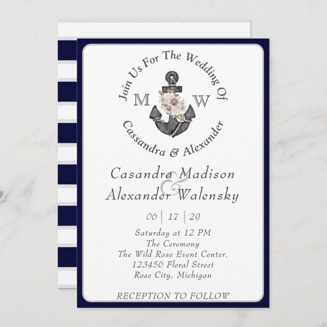 Floral Anchor Nautical Wedding Navy Blue Stripe Invitation (Front/Back)